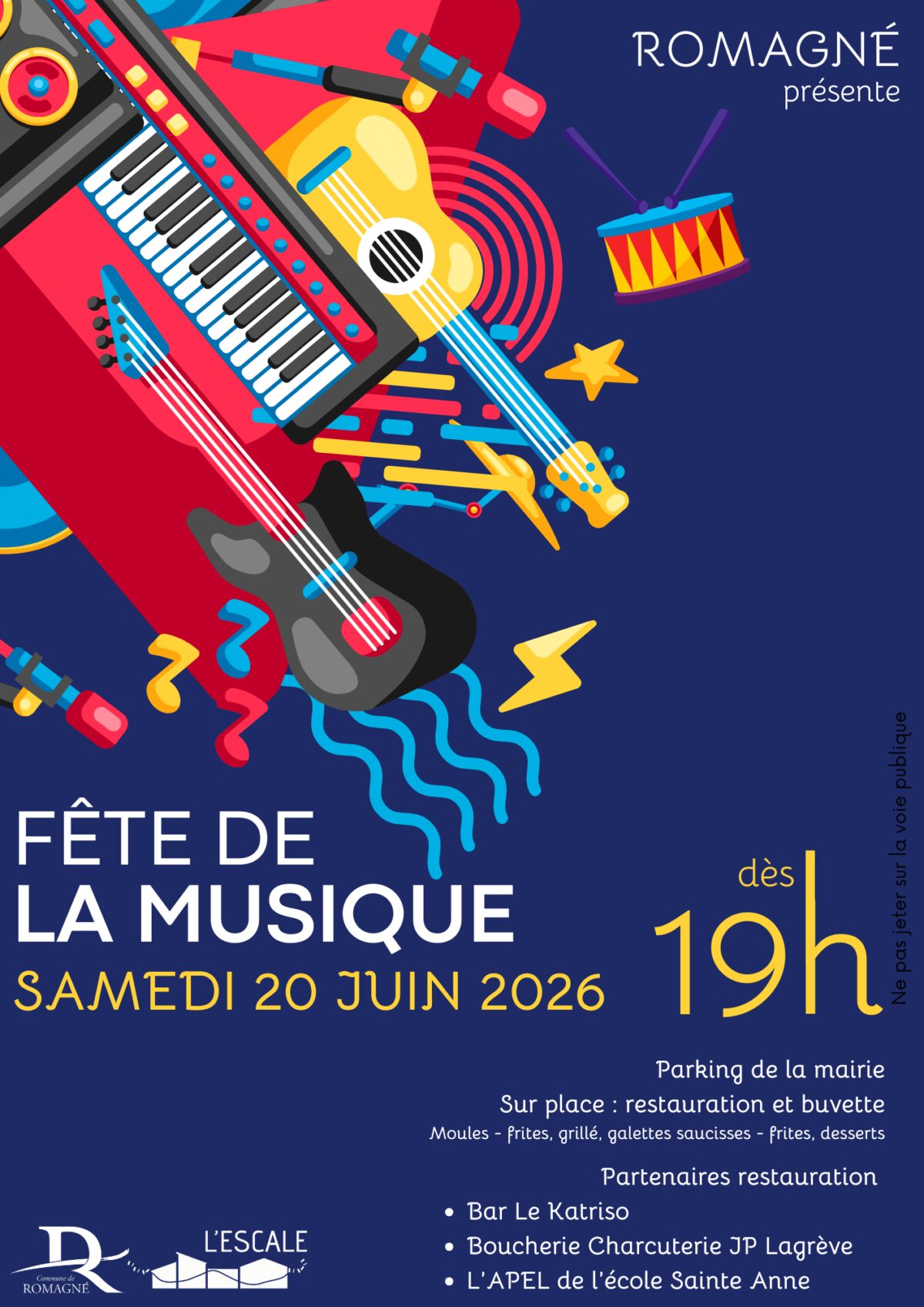 Fête de la musique samedi 20 juin 2026, dès 19h.Parking de la mairie.
Sur place : restauration et buvette.
Moules frites, galettes saucisses frites, desserts.Les partenaires pour la restauration :
- Bar le Katriso,
- Boucherie-charcuterie JP Lagrève,
- L'APEL de l'école Sainte Anne.